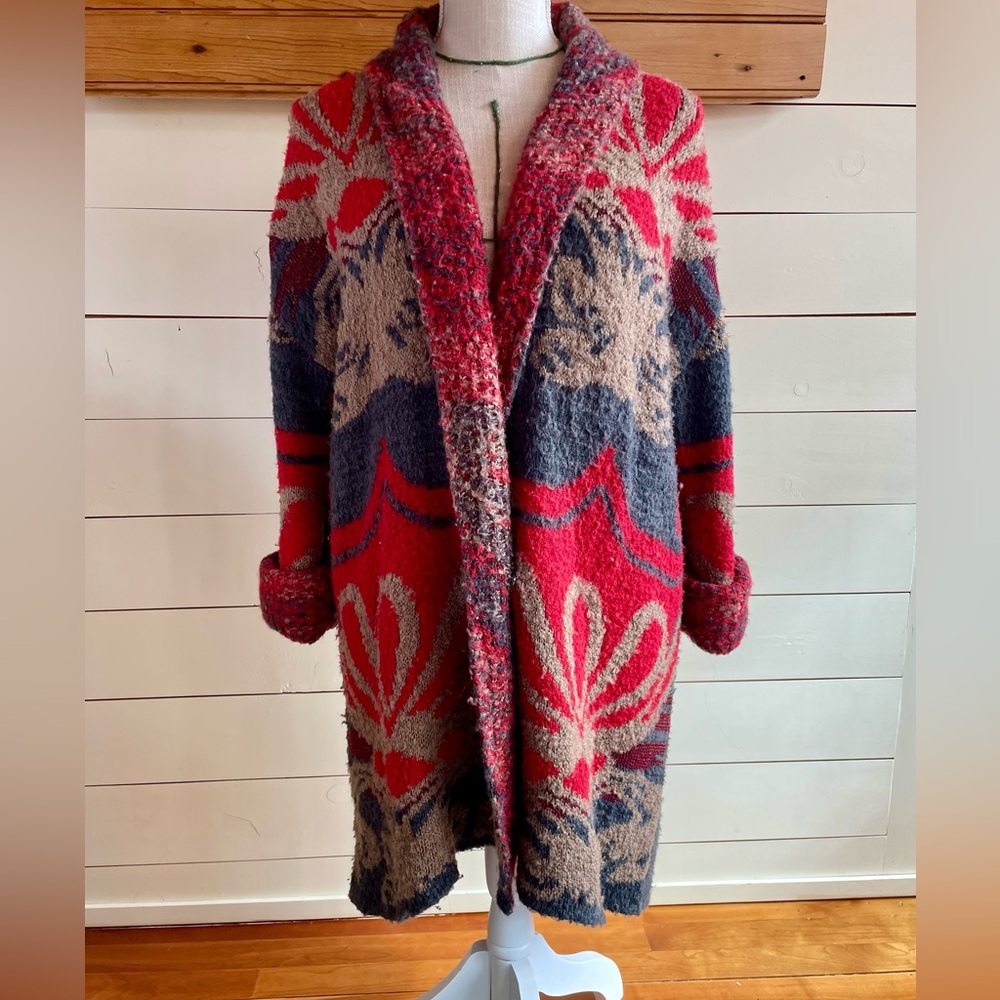 Free People Blue Red and Brown “Winter Day” Front Snap Acrylic Cardigan